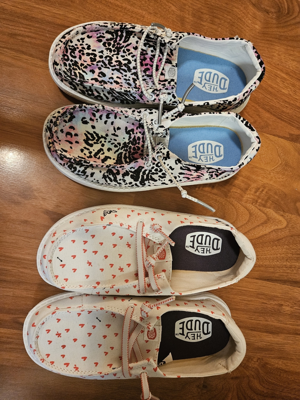 Hey Dude BRAND NEW Kids' Lightweight Slip-On Shoes Leopard and White with Hearts